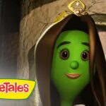 Green-skinned VeggieTales character wearing a brown hood and small crown, smiling in a stone arch setting with VeggieTales logo in the corner.
