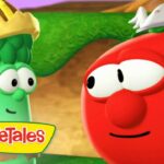 Cartoon broccoli wearing a crown talks to a red tomato character; VeggieTales logo visible in corner on a colorful background.
