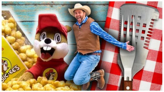 Cowboy-themed collage with a jumping man beside a chipmunk mascot, popcorn, and a cheese grater on a red checkered tablecloth with a playful vibe.