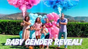 Family outdoors celebrating a baby gender reveal with pink and blue smoke bursts and balloons in the background.