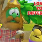 VeggieTales thumbnail with a green veggie in a wooden frame and a yellow veggie wearing sunglasses, under the 'Loving Your Differences' title and 30th Anniversary logo.
