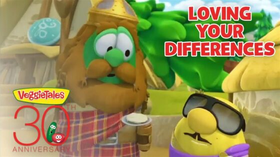 VeggieTales thumbnail with a green veggie in a wooden frame and a yellow veggie wearing sunglasses, under the 'Loving Your Differences' title and 30th Anniversary logo.