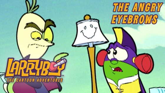 Thumbnail from a cartoon showing two characters with a lamp, logo 'LarryBoy: The Cartoon Adventures' and the title 'The Angry Eyebrows'