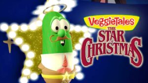 VeggieTales: The Star of Christmas promotional image with a green veggie character inside a glowing star and the title text nearby.