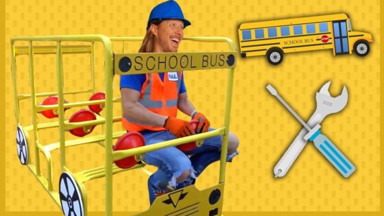 Person in a blue helmet and orange safety vest sits on a yellow school-bus riding cart, with a cartoon bus and tool icons nearby