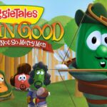Promo image for VeggieTales: Robin Good and His Not-So-Merry Men, featuring a green pepper archer aiming a bow in a forest with other veggie characters in the background.