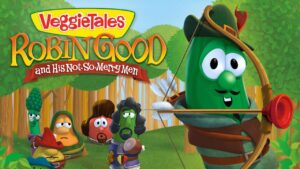 Promo image for VeggieTales: Robin Good and His Not-So-Merry Men, featuring a green pepper archer aiming a bow in a forest with other veggie characters in the background.