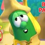 VeggieTales character (green veggie) in a yellow hood with 'Being Patient' text and a 30th Anniversary VeggieTales badge.