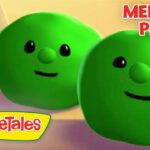 Three green cartoon peas with friendly faces, VeggieTales logo visible and the text 'MEET THE PEAS!' on the thumbnail.