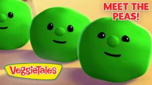 Three green cartoon peas with friendly faces, VeggieTales logo visible and the text 'MEET THE PEAS!' on the thumbnail.