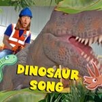 Man wearing a blue hard hat and orange safety vest rides a large dinosaur in a jungle-themed thumbnail with the words 'Dinosaur Song' and cartoon dino illustrations.