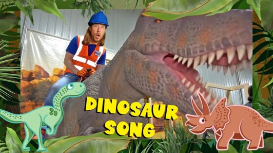Man wearing a blue hard hat and orange safety vest rides a large dinosaur in a jungle-themed thumbnail with the words 'Dinosaur Song' and cartoon dino illustrations.