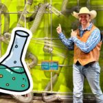 Smiling man in a cowboy hat and brown vest points at a large cartoon flask in a bright lab exhibit with tangled metal tubes behind him.