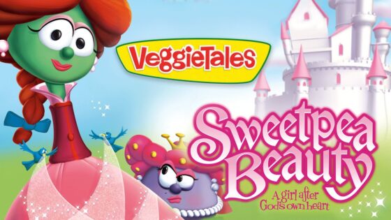 Poster for VeggieTales: Sweetpea Beauty, a girl after God's own heart, featuring Sweetpea in a pink gown and a castle backdrop.