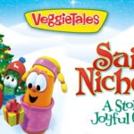VeggieTales Saint Nicholas: A Story of Joyful Giving cover with colorful veggie characters around a Christmas tree.