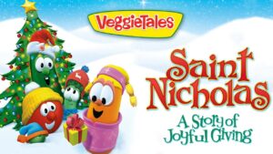 VeggieTales Saint Nicholas: A Story of Joyful Giving cover with colorful veggie characters around a Christmas tree.