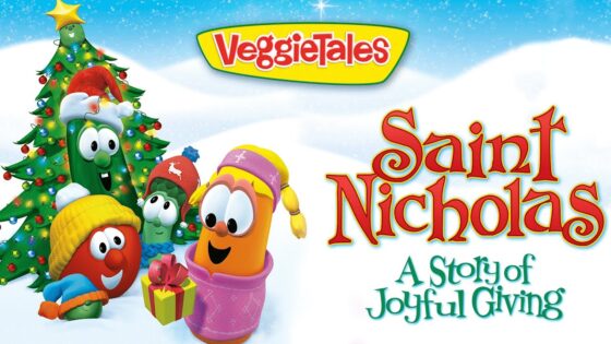 VeggieTales Saint Nicholas: A Story of Joyful Giving cover with colorful veggie characters around a Christmas tree.