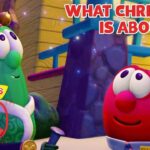 VeggieTales Christmas thumbnail featuring a green elf-like veggie and a pink round veggie smiling at each other in a colorful set, with the text 'What Christmas Is About' and a 30th anniversary badge.