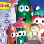 VeggieTales promotional image featuring colorful veggie characters and the title 'The Toy That Saved Christmas'.