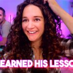 Cheerful woman with curly hair in foreground adjusting her hair, man at a computer desk in a neon-lit room; text overlay reads 'HE LEARNED HIS LESSON...'