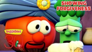 Bob the Tomato and Larry the Cucumber from VeggieTales appear distressed as the 30th anniversary logo reads ‘VeggieTales 30th Anniversary’.