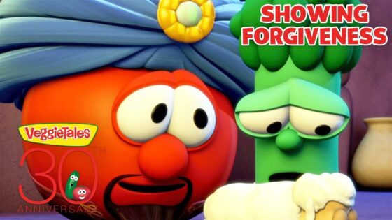 Bob the Tomato and Larry the Cucumber from VeggieTales appear distressed as the 30th anniversary logo reads ‘VeggieTales 30th Anniversary’.
