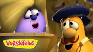 VeggieTales scene with a purple eggplant character talking to a yellow mustached man wearing a blue hat in a wooden cart.
