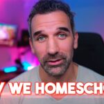 Man looks at camera in a home studio with blue/pink neon lighting; bold white text 'WHY WE HOMESCHOOL' overlays the bottom.