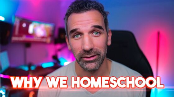 Man looks at camera in a home studio with blue/pink neon lighting; bold white text 'WHY WE HOMESCHOOL' overlays the bottom.