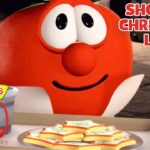 Red VeggieTales character with a mug and a plate of star-shaped cookies, celebrating VeggieTales 30th anniversary. Caption: Showing Christmas Love.
