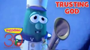 Green VeggieTales character with a magnifying glass against a blue background; title 'TRUSTING GOD' and a 30th anniversary logo nearby.