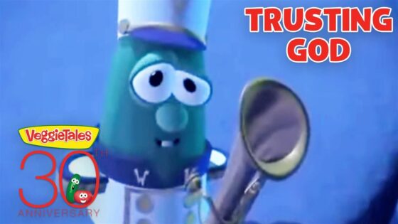Green VeggieTales character with a magnifying glass against a blue background; title 'TRUSTING GOD' and a 30th anniversary logo nearby.