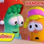 Cartoon broccoli and carrot characters from VeggieTales, looking worried with 'Handling Fear' title visible.