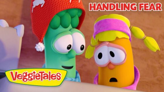 Cartoon broccoli and carrot characters from VeggieTales, looking worried with 'Handling Fear' title visible.
