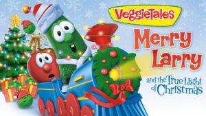 VeggieTales Christmas scene with a colorful train, characters in festive hats, and presents under a snowflake sky, title Merry Larry and the True Light of Christmas.