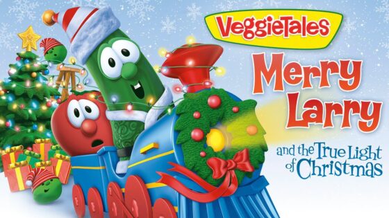 VeggieTales Christmas scene with a colorful train, characters in festive hats, and presents under a snowflake sky, title Merry Larry and the True Light of Christmas.