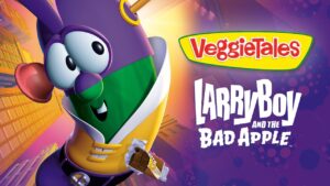 Promotional cover featuring LarryBoy and the VeggieTales logo with the title 'LarryBoy and the Bad Apple' on a purple background.