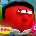 Red VeggieTales character with green earmuffs and a white collar, holding a pink striped candy bar, looking disappointed or bored in a futuristic setting.