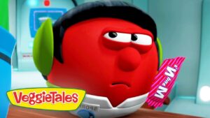 Red VeggieTales character with green earmuffs and a white collar, holding a pink striped candy bar, looking disappointed or bored in a futuristic setting.