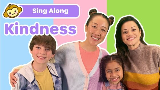 Colorful thumbnail with a smiling family and a banner reading 'Sing Along Kindness' for a kids' video about kindness.