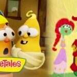 Two VeggieTales characters share a close moment, smiling at each other, with the VeggieTales logo in the corner.