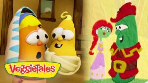 Two VeggieTales characters share a close moment, smiling at each other, with the VeggieTales logo in the corner.