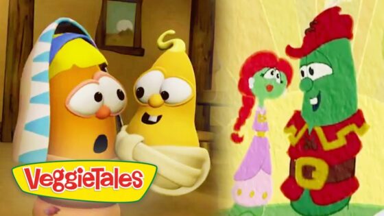 Two VeggieTales characters share a close moment, smiling at each other, with the VeggieTales logo in the corner.