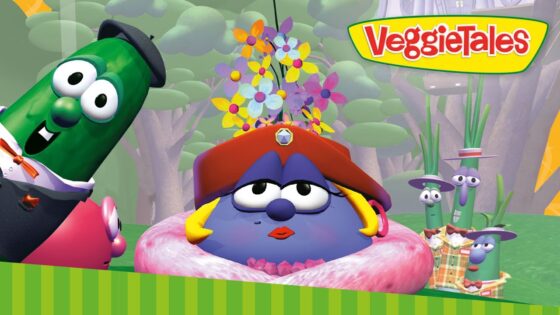 Three VeggieTales characters posing in a whimsical garden with a colorful flower bouquet and the VeggieTales sign in the background.
