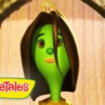 VeggieTales character: a green bean with long brown hair peeking through a doorway, logo visible in bottom-left corner.