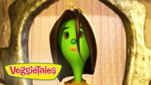 VeggieTales character: a green bean with long brown hair peeking through a doorway, logo visible in bottom-left corner.
