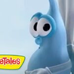 Blue VeggieTales character with big googly eyes against a pale sky, VeggieTales logo in the bottom-left corner.