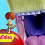 Close-up of a VeggieTales character with an oversized open mouth against a bright blue sky, VeggieTales logo in the lower left margin.