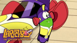 LarryBoy from The Cartoon Adventures lying on a tiled floor in a purple suit and cape, with a surprised expression and the show logo in the corner.