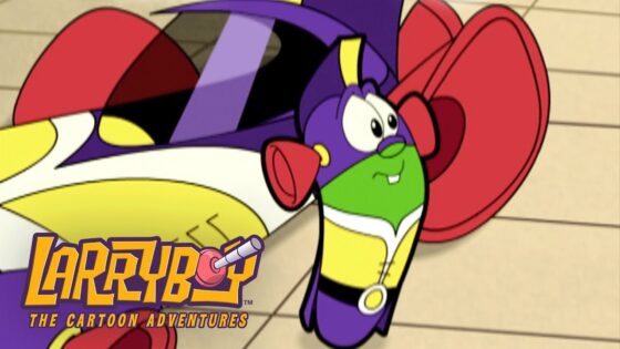 LarryBoy from The Cartoon Adventures lying on a tiled floor in a purple suit and cape, with a surprised expression and the show logo in the corner.